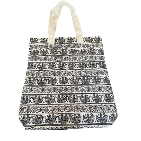 Unbranded Canvas Tote Elephant Pattern Black Off White 17.5" x 15.5" Handmade - Picture 4 of 13
